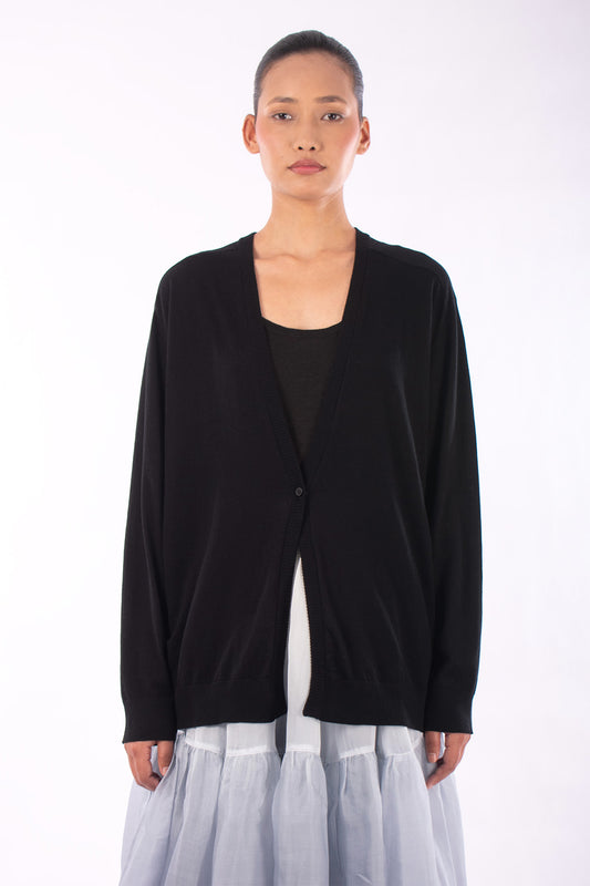 #1205 Oversized V-neck Cardigan In Organic Cotton- Black — Lars Andersson hand-loomed knitwear