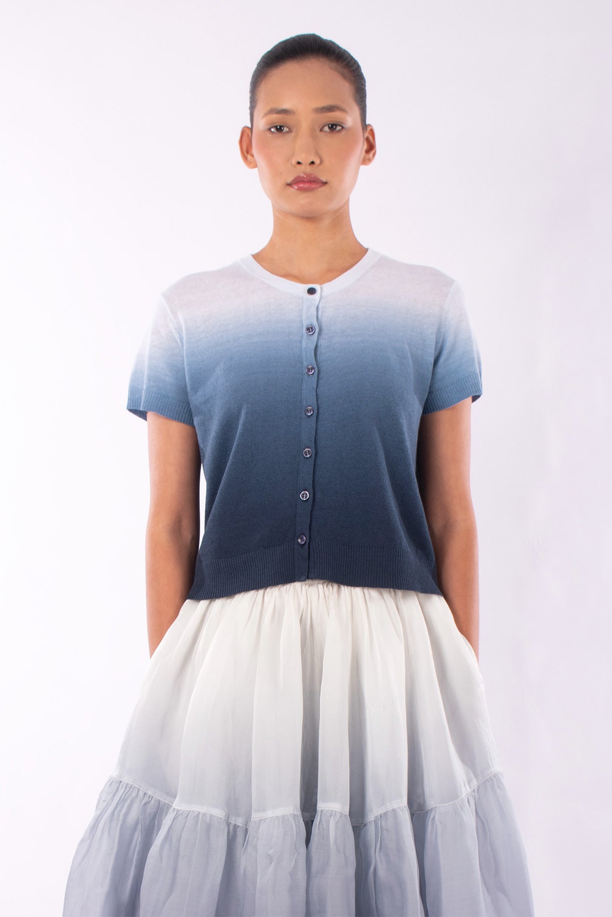 #1208 Cropped Short Sleeve Cardigan In Linen And Organic Cotton- Marritimo Ombre — Lars Andersson hand-loomed knitwear