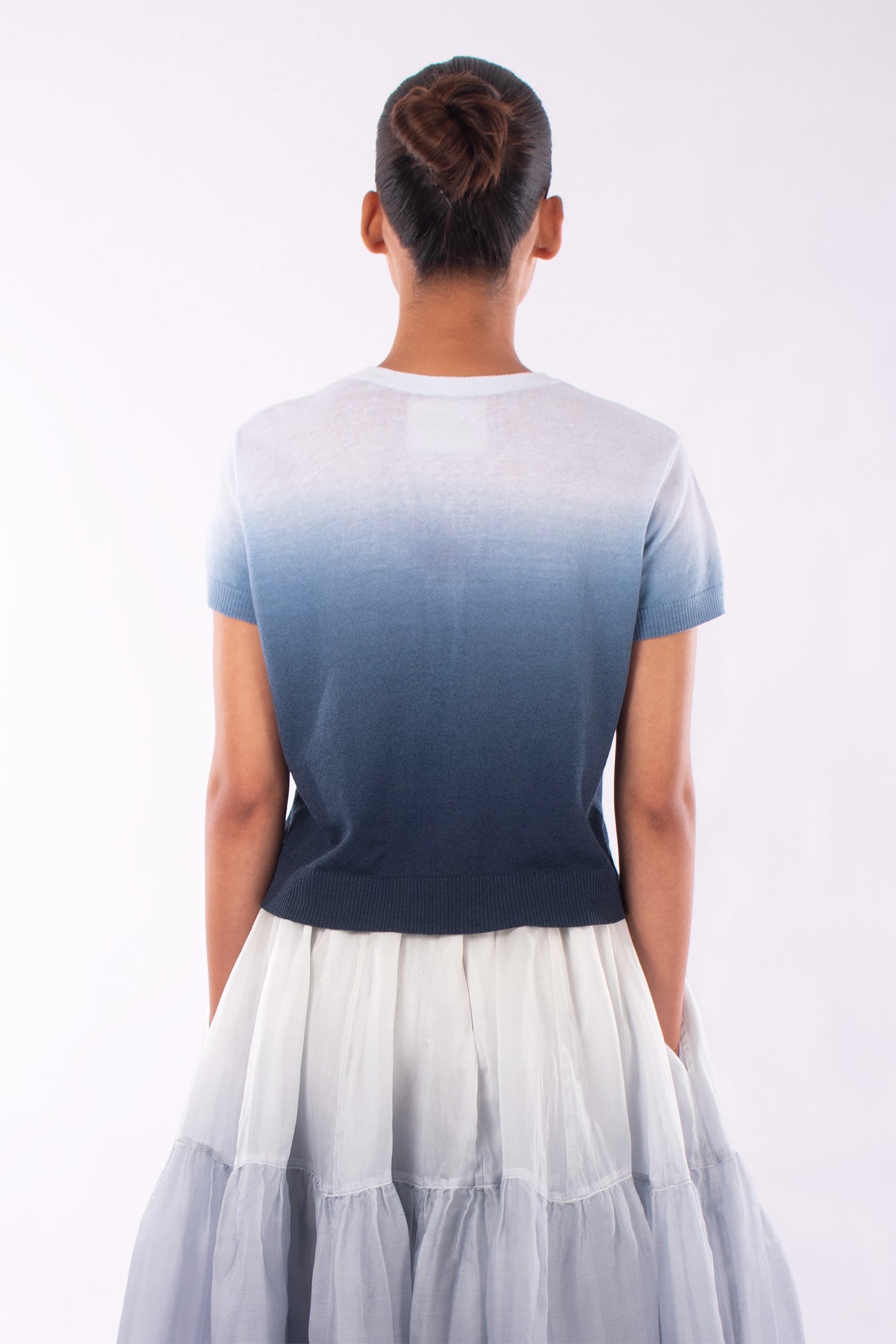 #1208 Cropped Short Sleeve Cardigan In Linen And Organic Cotton- Marritimo Ombre — Lars Andersson, view 3