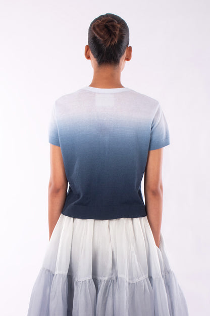#1208 Cropped Short Sleeve Cardigan In Linen And Organic Cotton- Marritimo Ombre — Lars Andersson, view 3