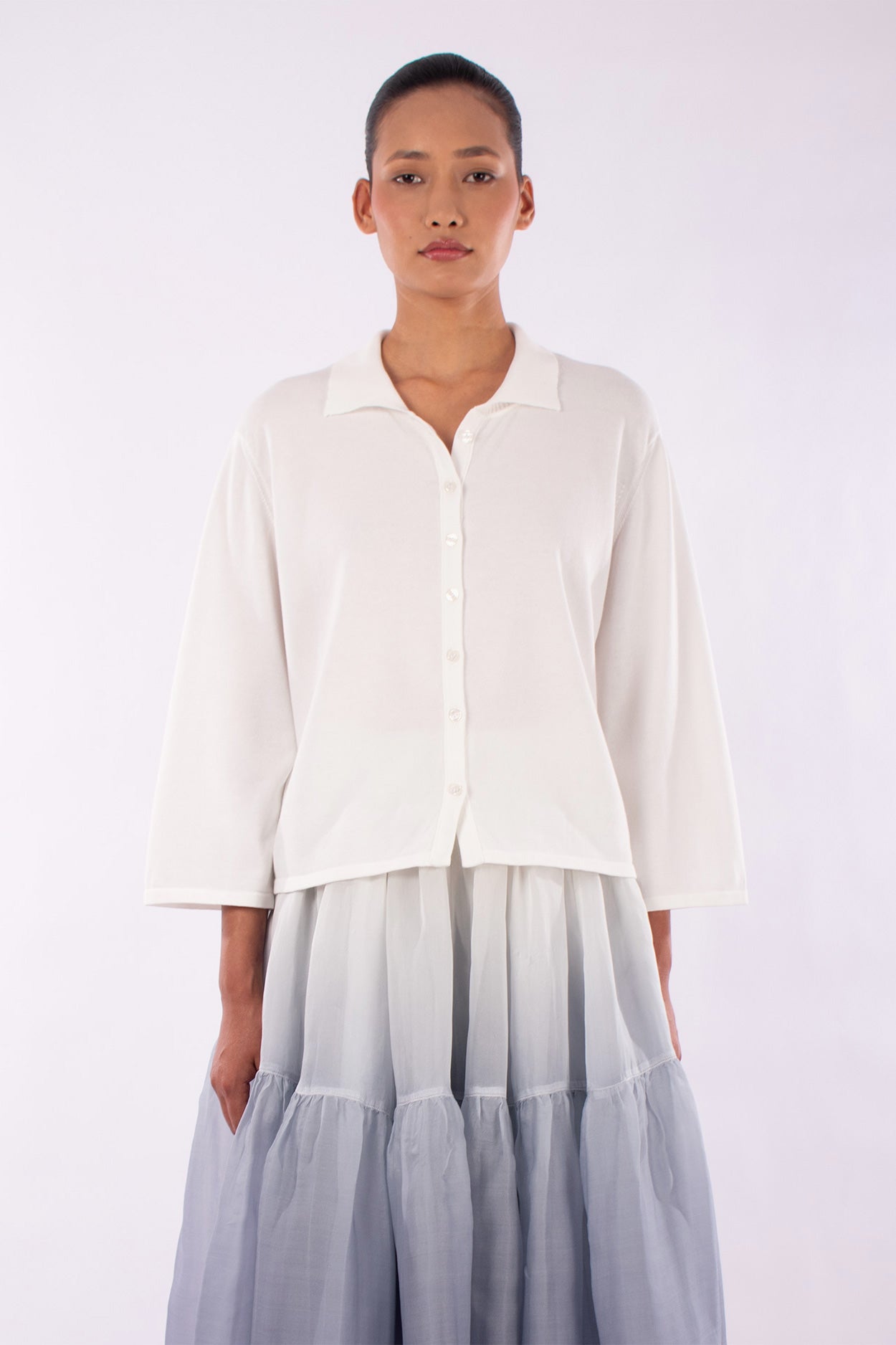 #1219 Boxy Shirt Collar Cardigan In Organic Cotton-White — Lars Andersson hand-loomed knitwear