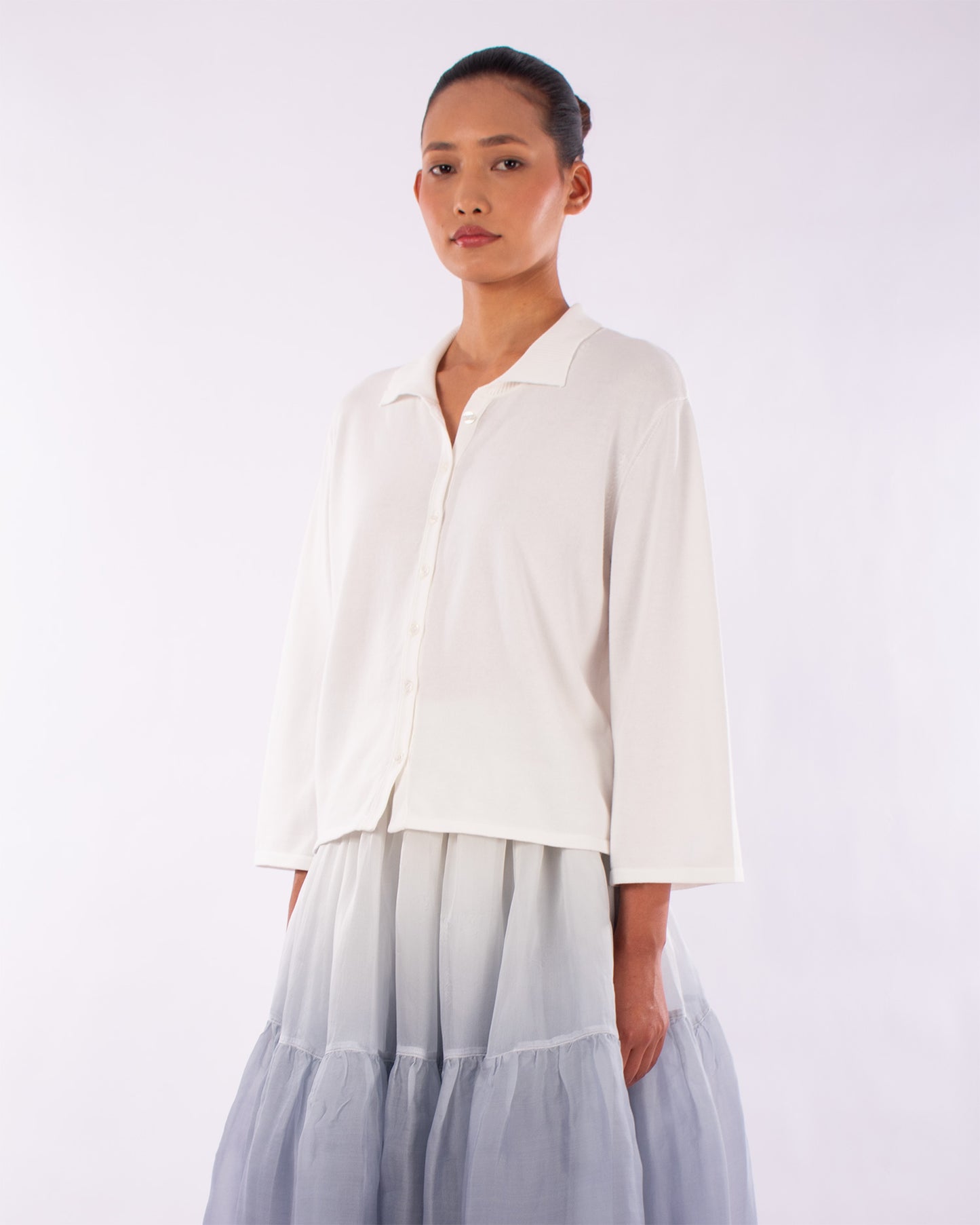 #1219  Boxy shirt collar cardigan in organic cotton