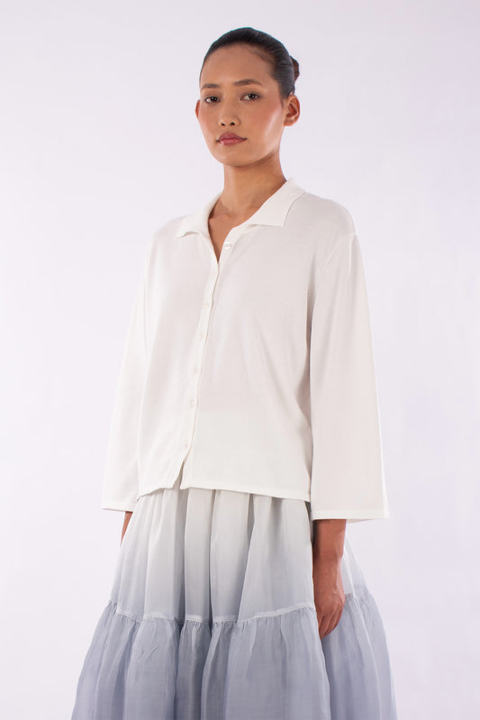 #1219 Boxy Shirt Collar Cardigan In Organic Cotton-White — Lars Andersson, view 2