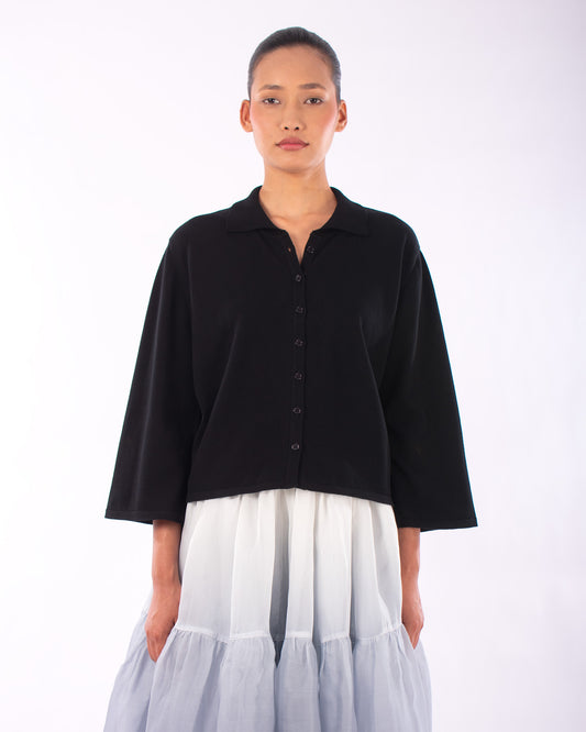 #1219 Boxy shirt collar cardigan in organic cotton