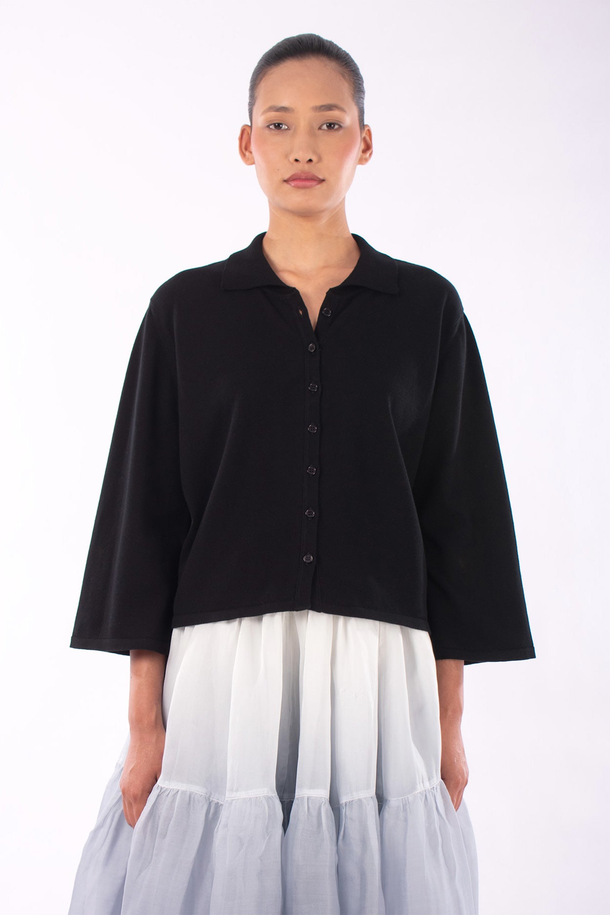 #1219 Boxy Shirt Collar Cardigan In Organic Cotton- Black — Lars Andersson hand-loomed knitwear