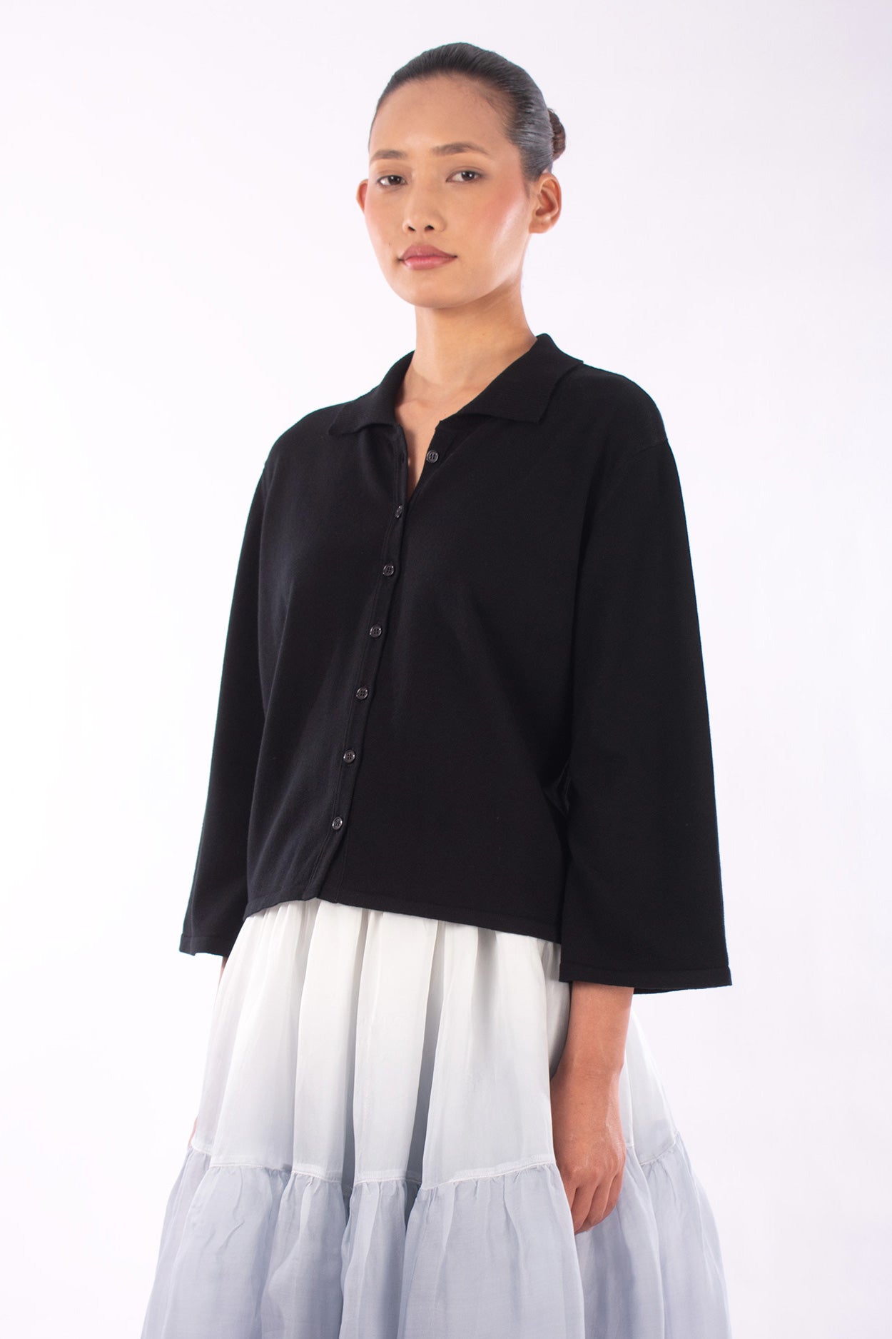 #1219 Boxy Shirt Collar Cardigan In Organic Cotton- Black — Lars Andersson, view 2