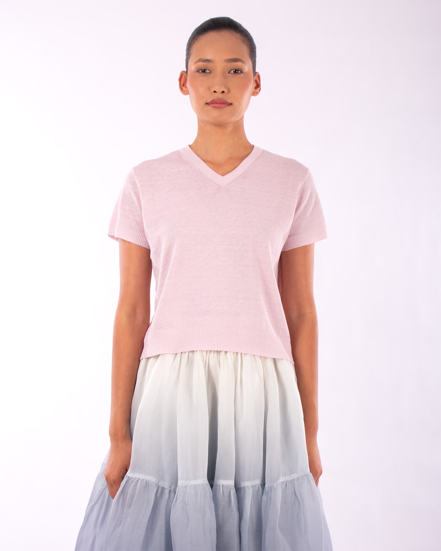 #1230 Cropped short sleeve v-neck sweater in linen and organic cotton