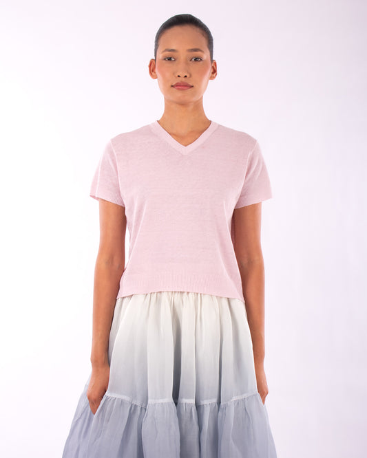 #1230 Cropped short sleeve v-neck sweater in linen and organic cotton
