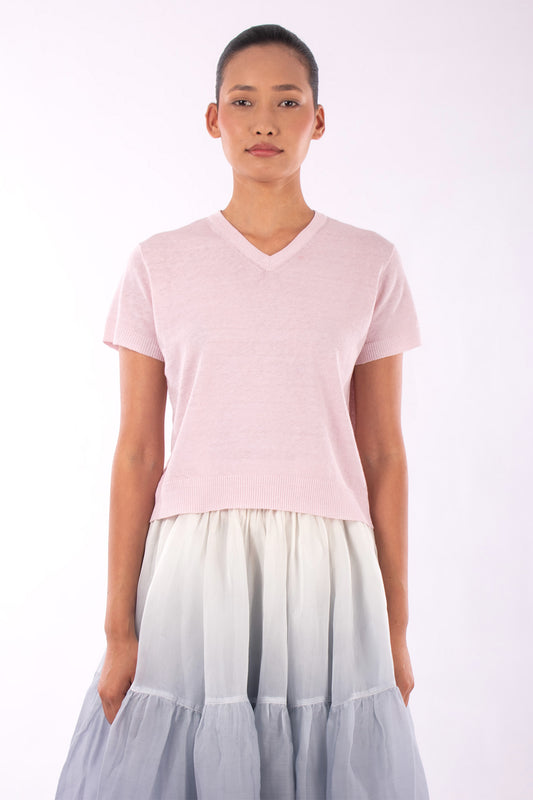 #1230 Cropped Short Sleeve V-neck Sweater In Linen And Organic Cotton-Blush — Lars Andersson hand-loomed knitwear