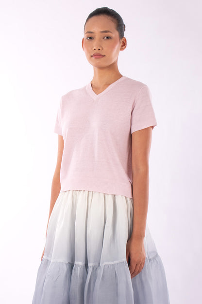 #1230 Cropped Short Sleeve V-neck Sweater In Linen And Organic Cotton-Blush — Lars Andersson, view 2