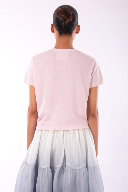 #1230 Cropped Short Sleeve V-neck Sweater In Linen And Organic Cotton-Blush — Lars Andersson, view 3