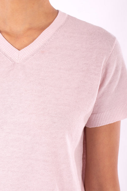 #1230 Cropped Short Sleeve V-neck Sweater In Linen And Organic Cotton-Blush — Lars Andersson, view 4