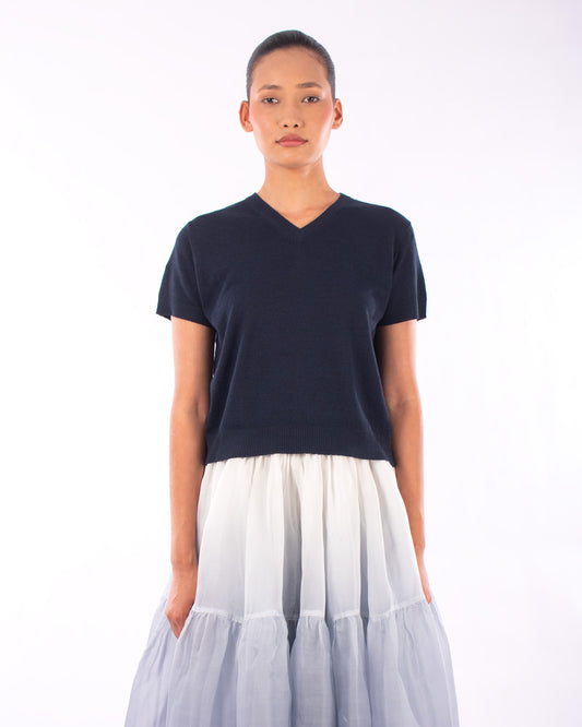 #1230 Cropped short sleeve v-neck sweater in linen and organic cotton