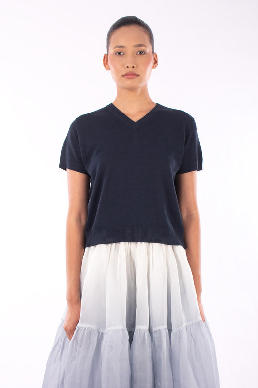 #1230 Cropped Short Sleeve V-neck Sweater In Linen And Organic Cotton- Marritimo — Lars Andersson hand-loomed knitwear