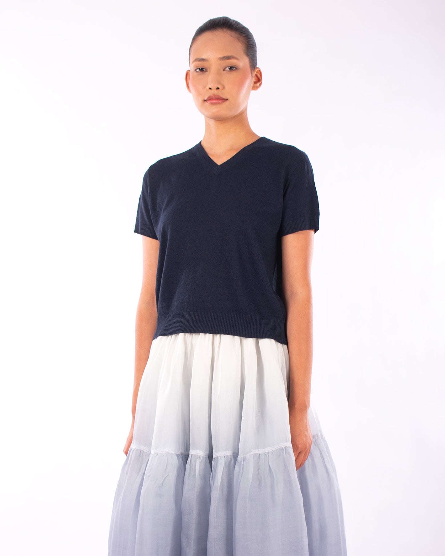 #1230 Cropped short sleeve v-neck sweater in linen and organic cotton