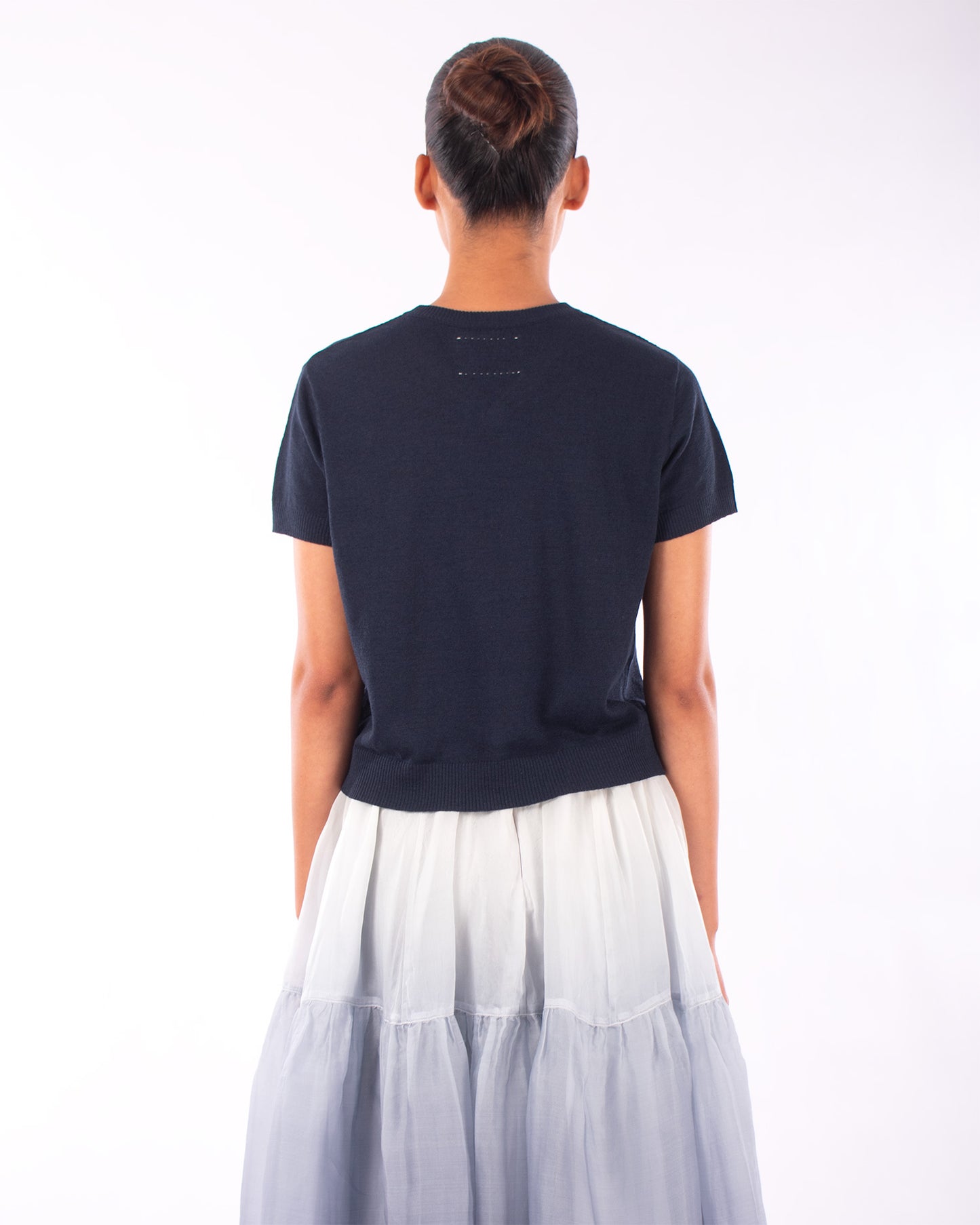 #1230 Cropped short sleeve v-neck sweater in linen and organic cotton
