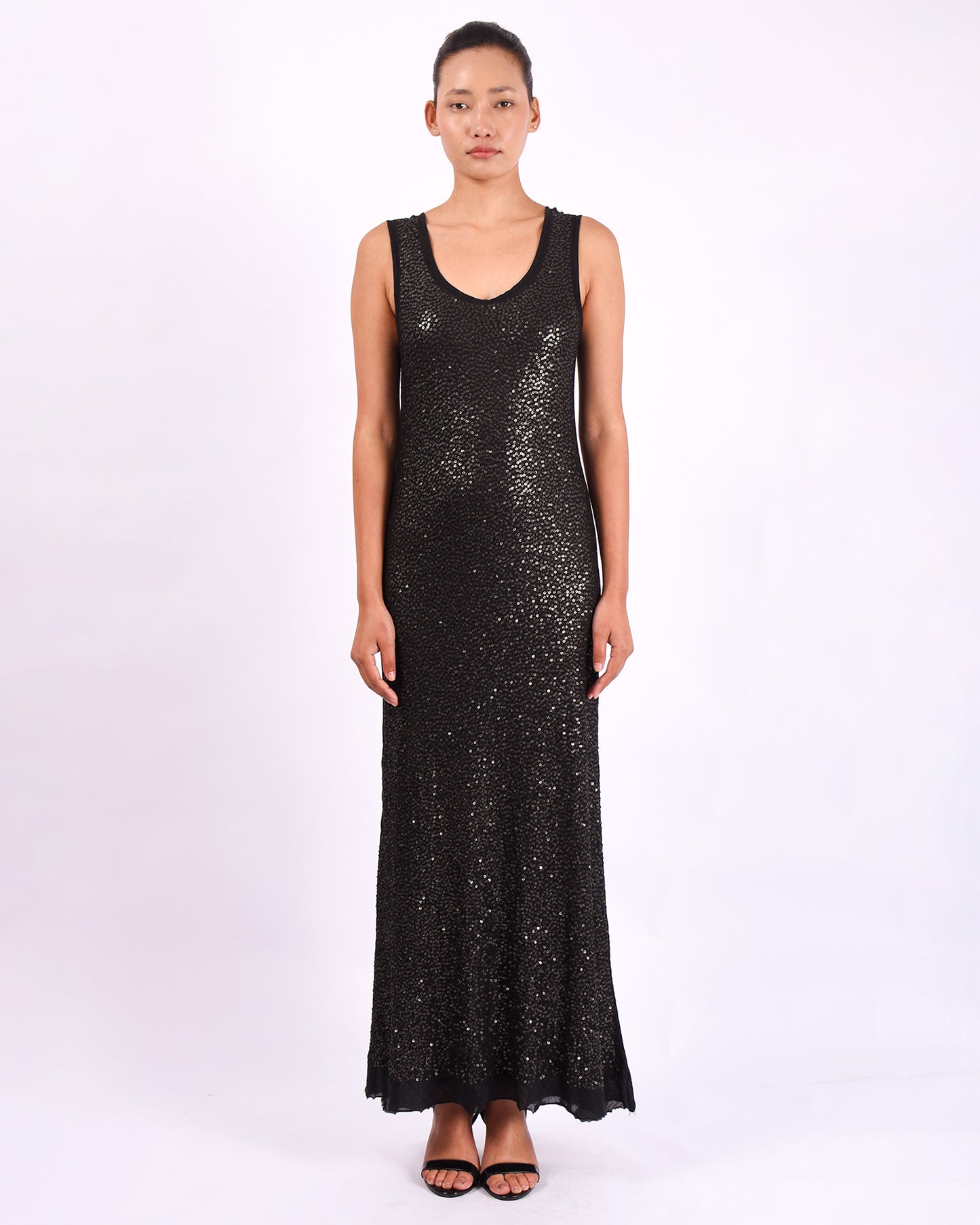 #1288 Scoop-neck tank dress in cotton and metal sequins