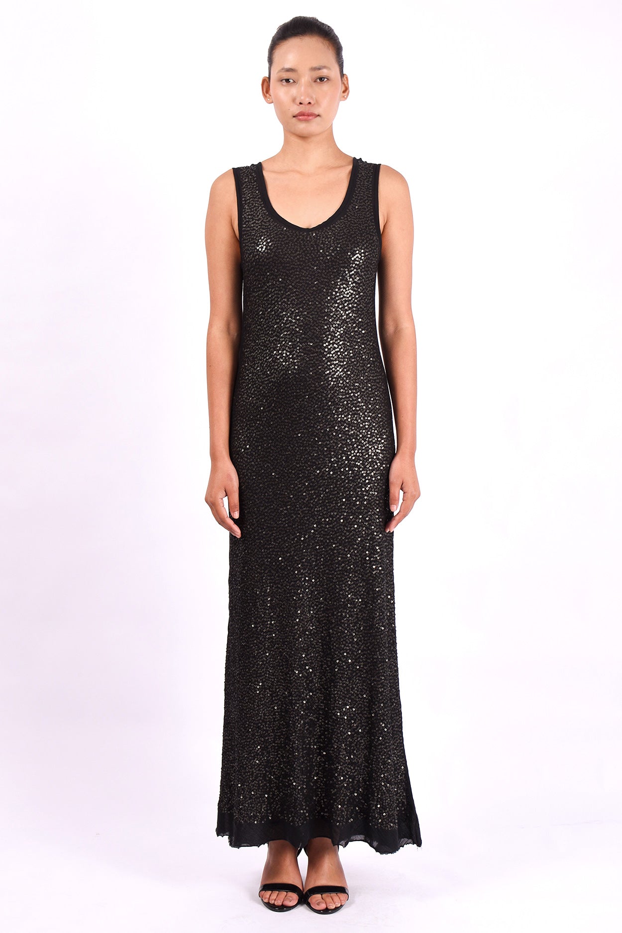 #1288 Scoop-neck Tank Dress In Cotton And Metal Sequins- Black — Lars Andersson hand-loomed knitwear