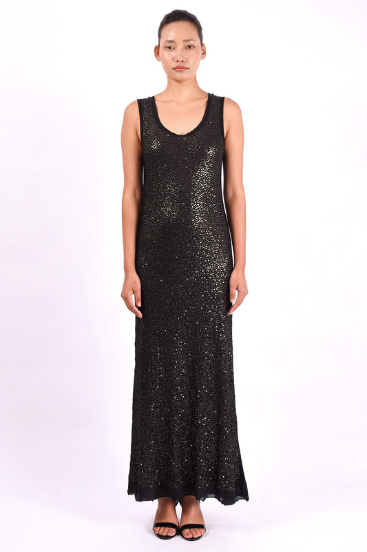 #1288 Scoop-neck tank dress in cotton and metal sequins