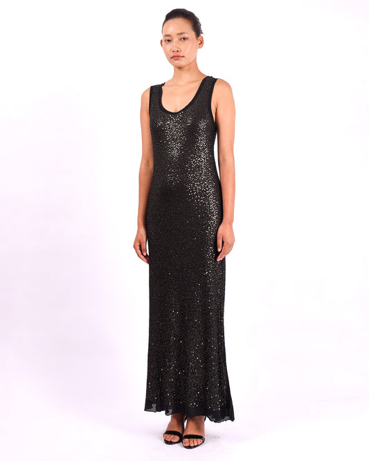 #1288 Scoop-neck tank dress in cotton and metal sequins