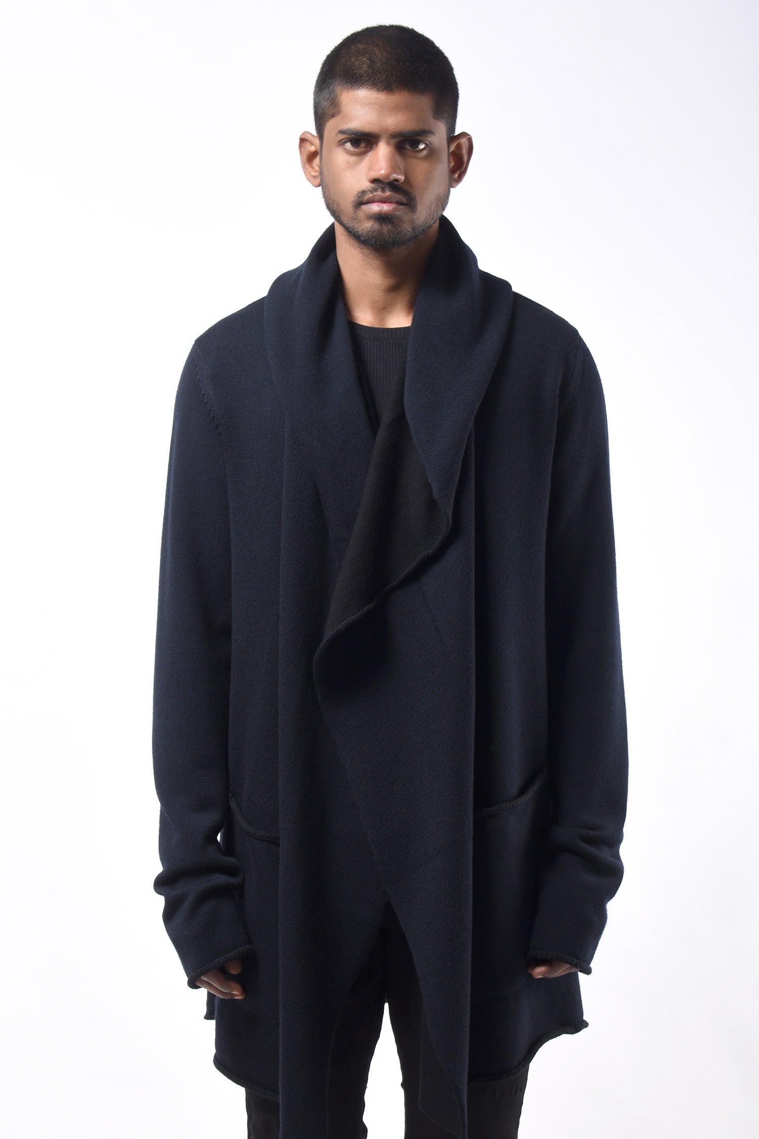 #782 Hooded Wrap Jacket in Superfine Merino- Dark Navy — Lars Andersson hand-loomed knitwear