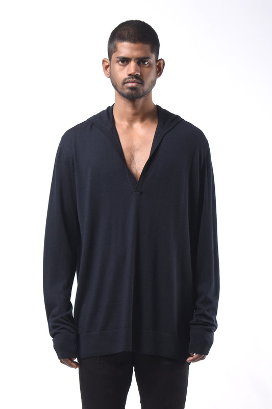 #788 Hooded Sweater in Superfine Merino- Dark Navy — Lars Andersson hand-loomed knitwear