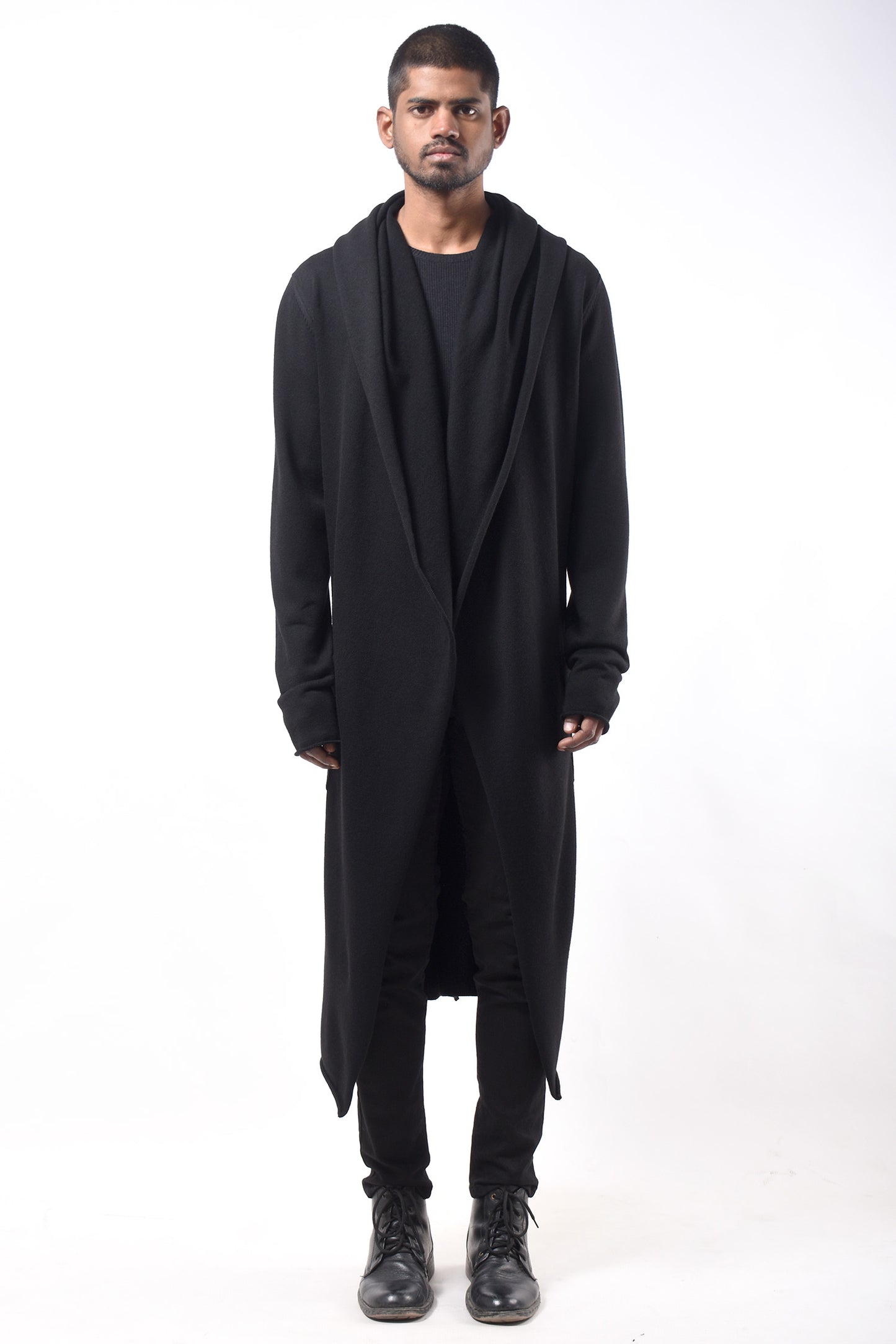 #790 Hooded Coat in Superfine Merino- Black — Lars Andersson hand-loomed knitwear
