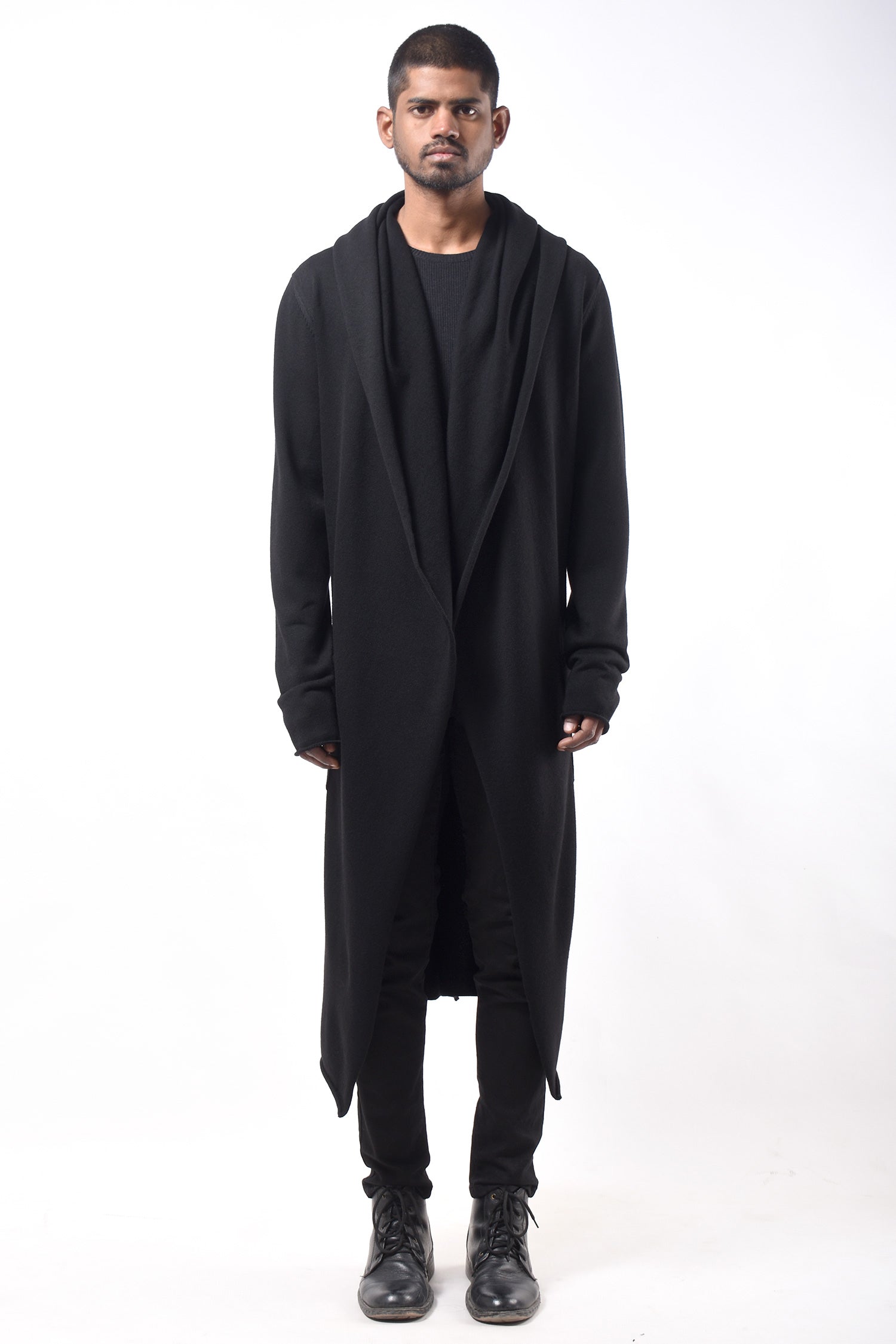 #790 Hooded Coat in Superfine Merino- Black — Lars Andersson hand-loomed knitwear