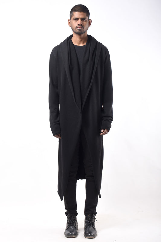 #790 Hooded Coat in Superfine Merino- Black — Lars Andersson hand-loomed knitwear