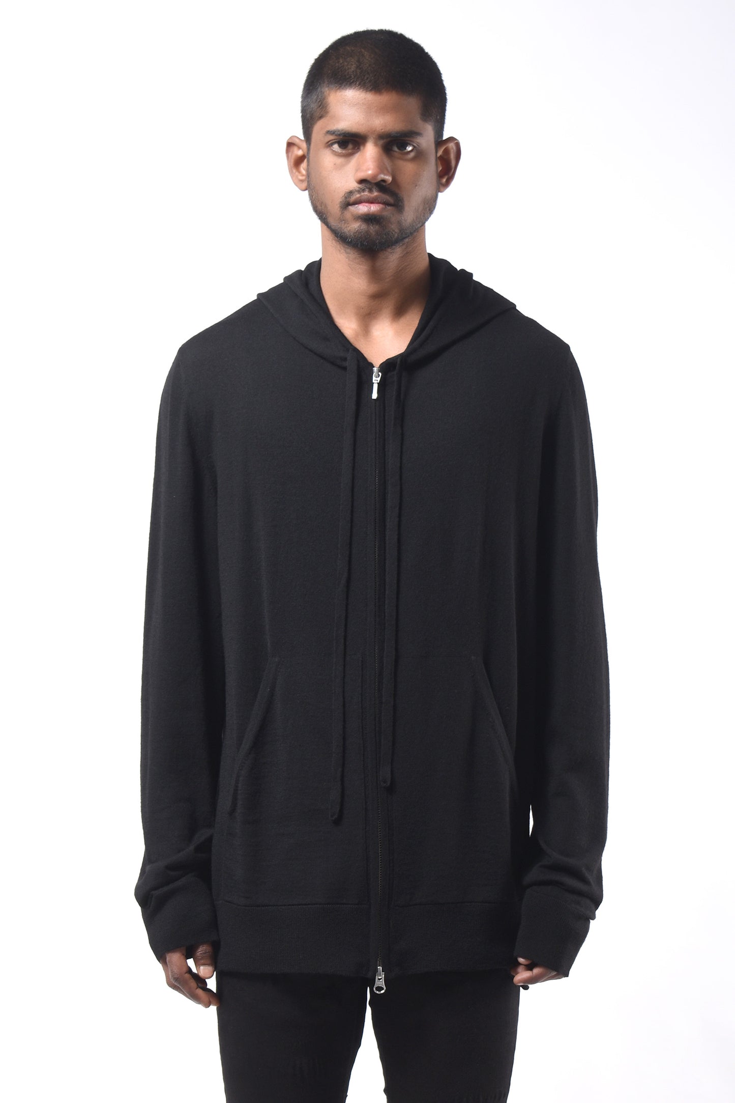 #791 Zip Hoodie Light in Superfine Merino- Black — Lars Andersson hand-loomed knitwear