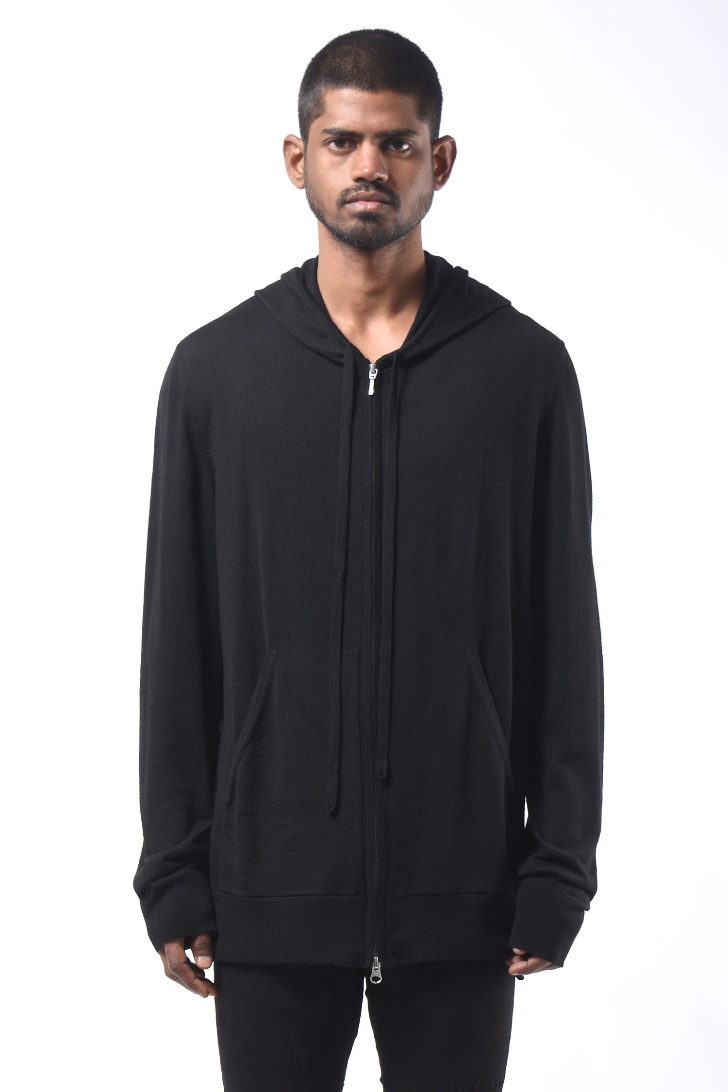 #791 Zip Hoodie Light in Superfine Merino- Black — Lars Andersson hand-loomed knitwear