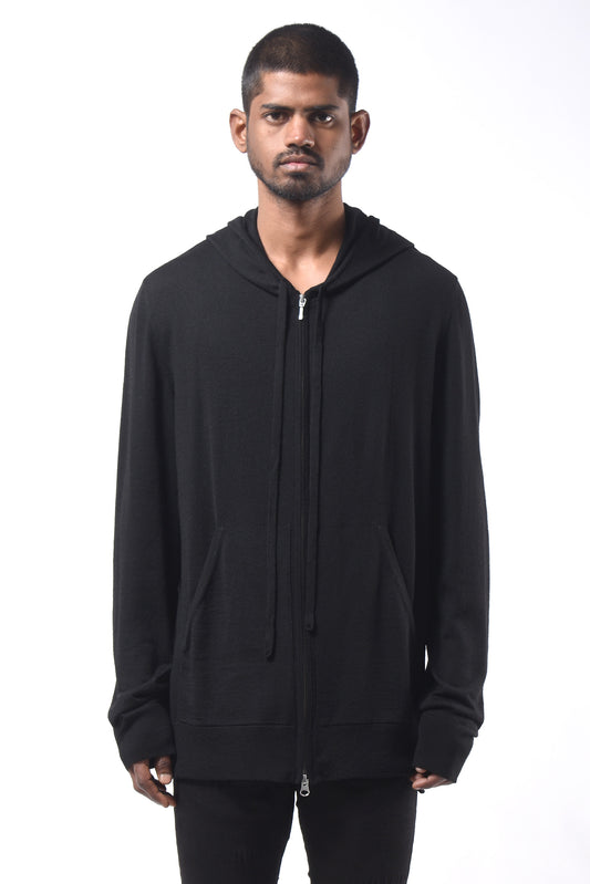 #791 Zip Hoodie Light in Superfine Merino- Black — Lars Andersson hand-loomed knitwear