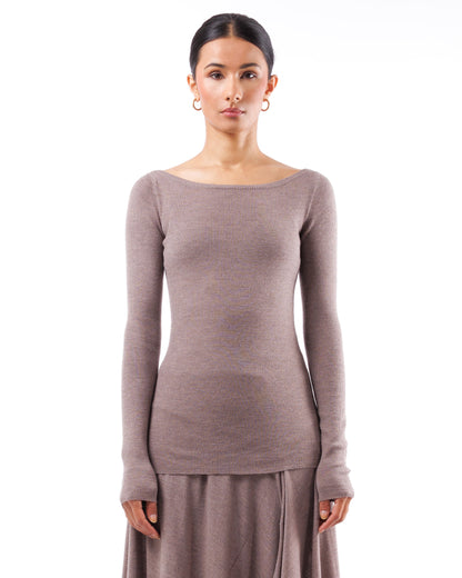 #1001 Long sleeve bateau neck top walnut 120's superfine merino