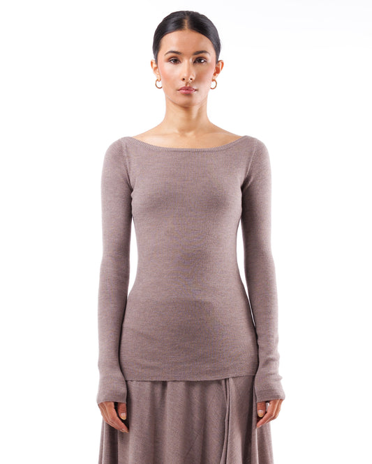 #1001 Long sleeve bateau neck top walnut 120's superfine merino