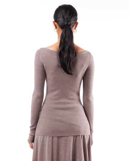#1001 Long sleeve bateau neck top walnut 120's superfine merino