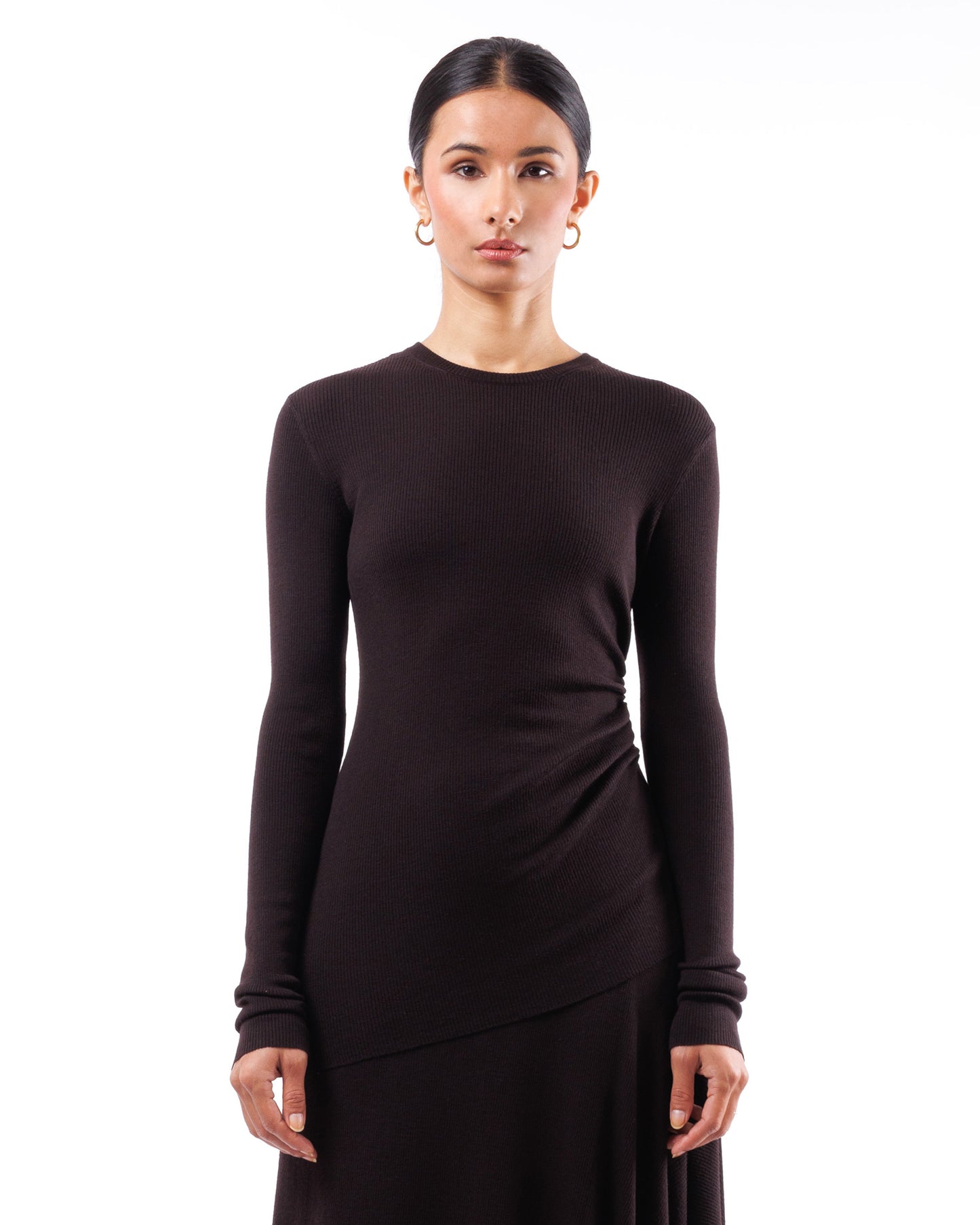 #1014 Long sleeve crewneck with gathered side 120's superfine merino