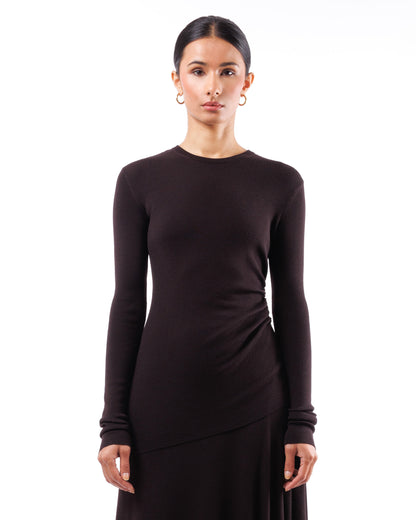 #1014 Long sleeve crewneck with gathered side 120's superfine merino