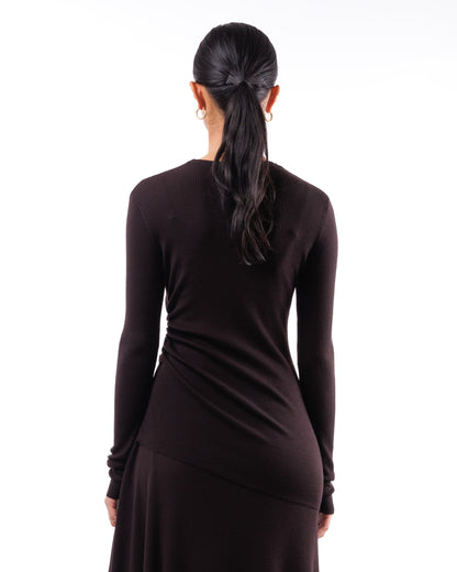 #1014 Long sleeve crewneck with gathered side 120's superfine merino