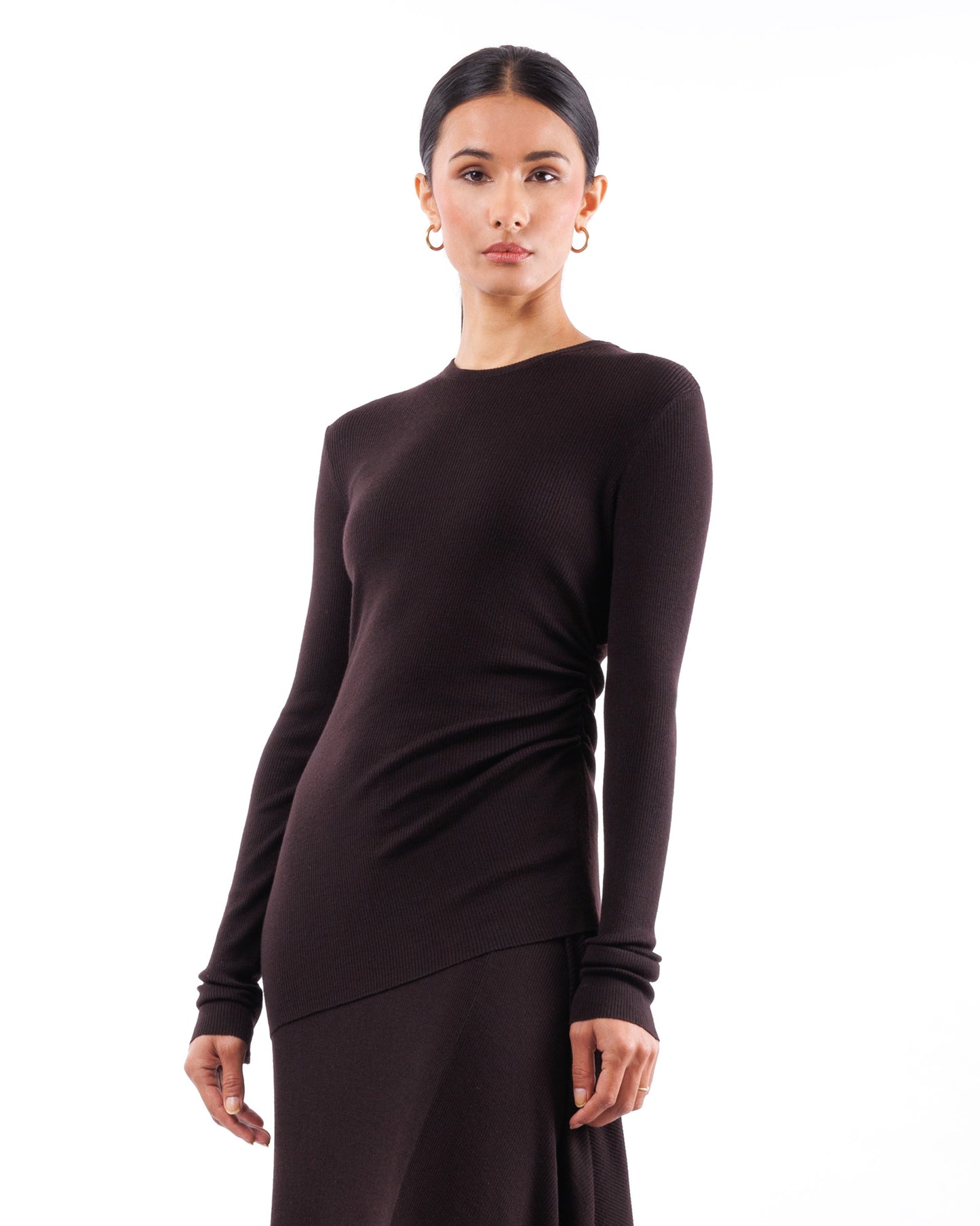 #1014 Long sleeve crewneck with gathered side 120's superfine merino
