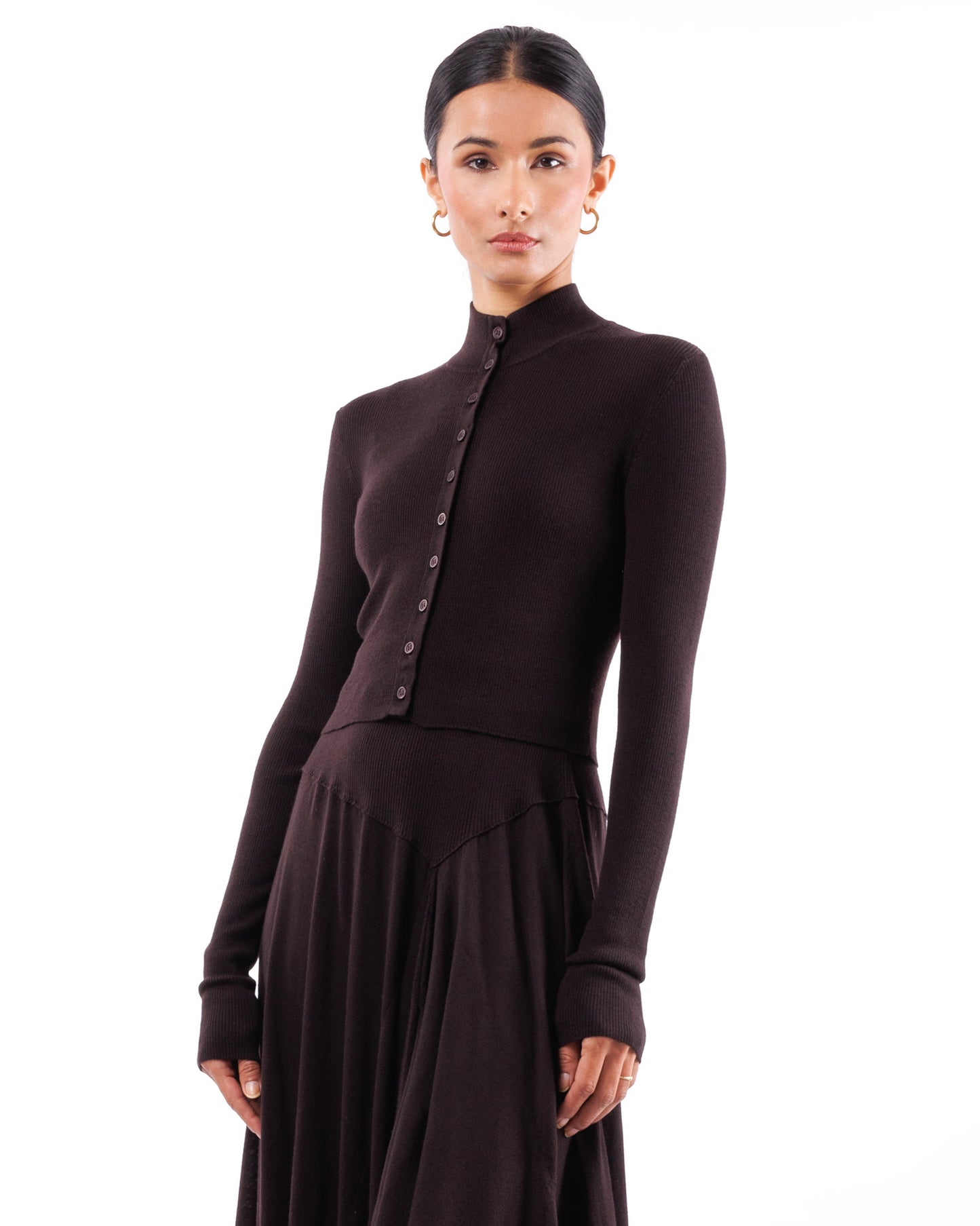 #1033 Cropped fitted mock-turtleneck cardigan 120's superfine merino