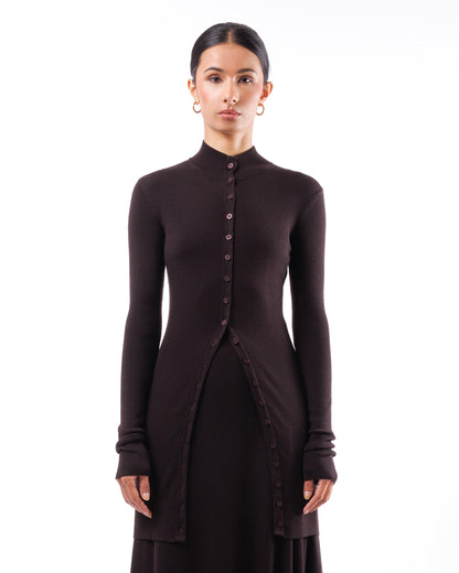 #1034 Long fitted mock-turtleneck cardigan 120's superfine merino