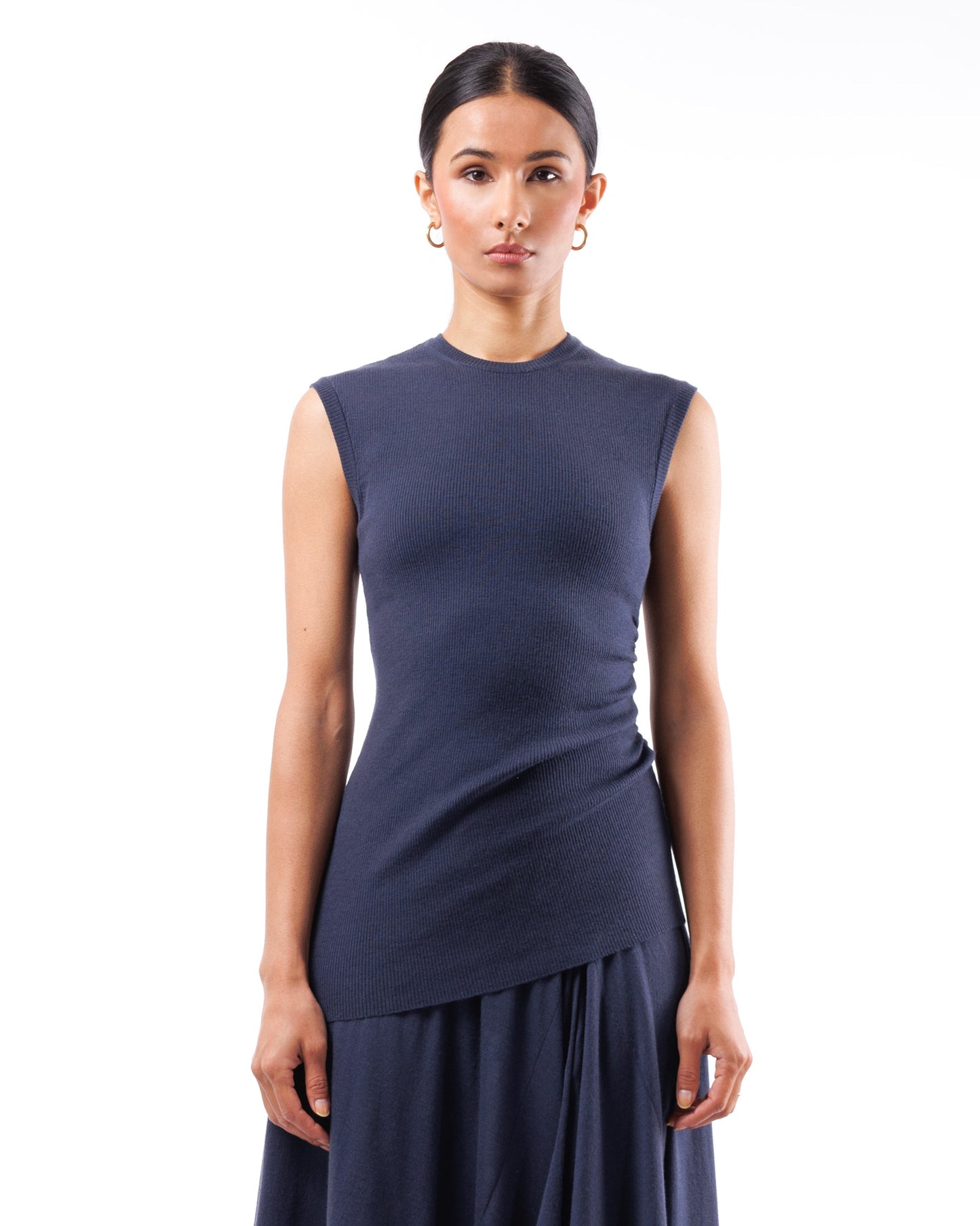 #1057 Muscle tank with gathered side 120's superfine merino