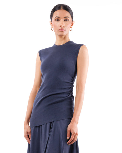 #1057 Muscle tank with gathered side 120's superfine merino