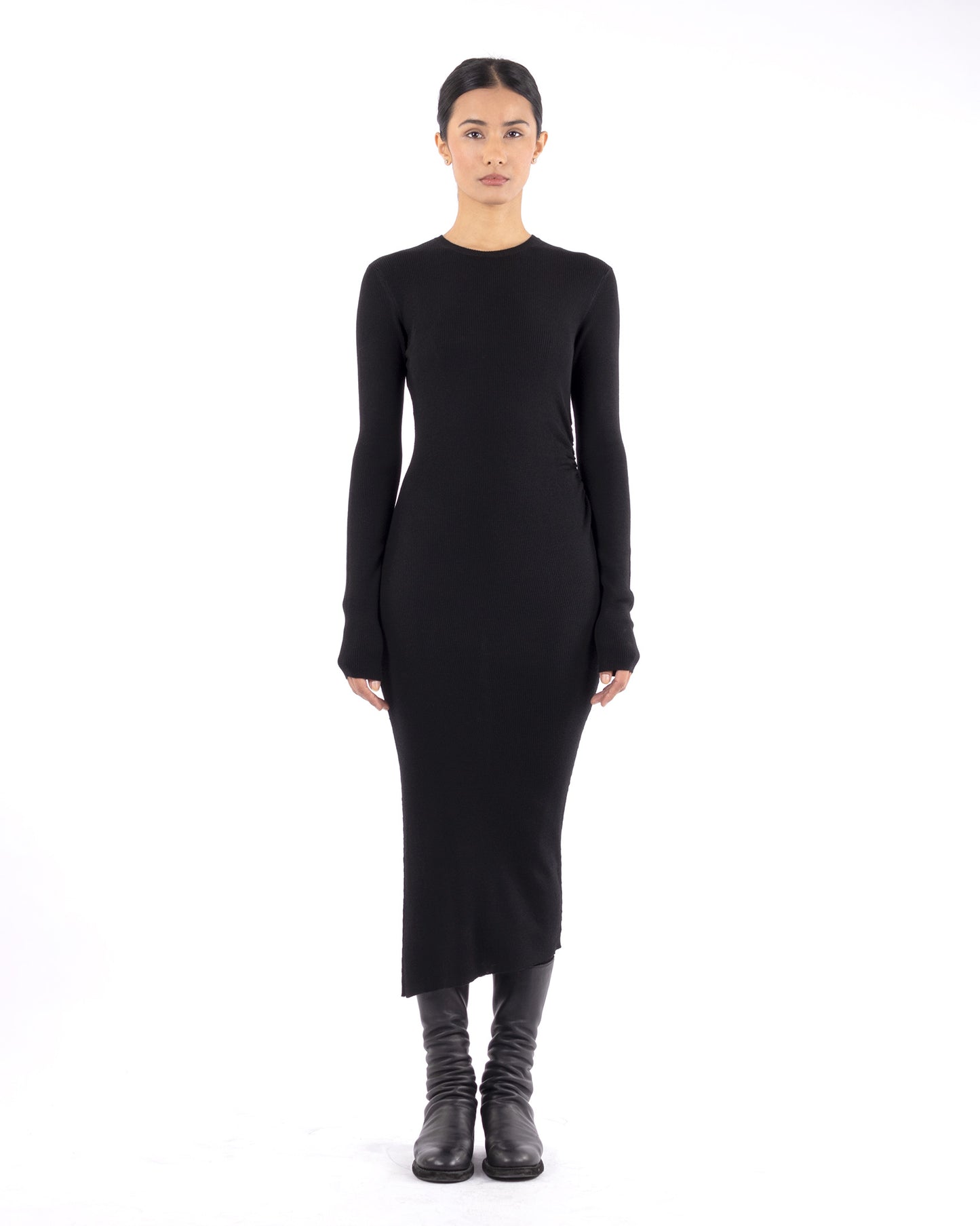 #1078 Long sleeve dress with gathered side 120's superfine merino