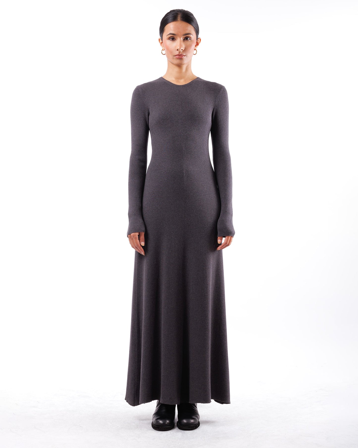 #672 Long sleeve flared crewneck dress organic cotton