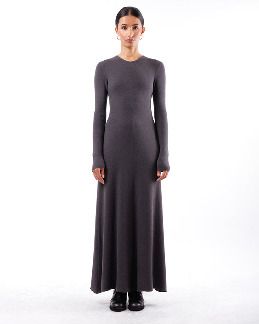 #672 Long sleeve flared crewneck dress organic cotton