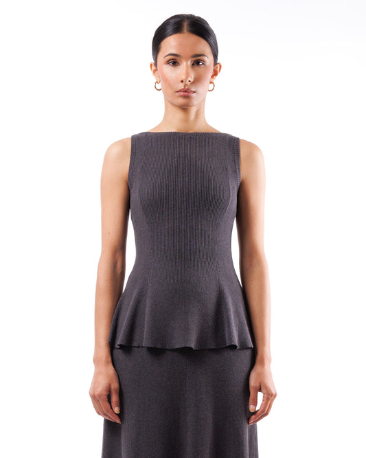 #909 Sleeveless peplum boatneck top organic cotton