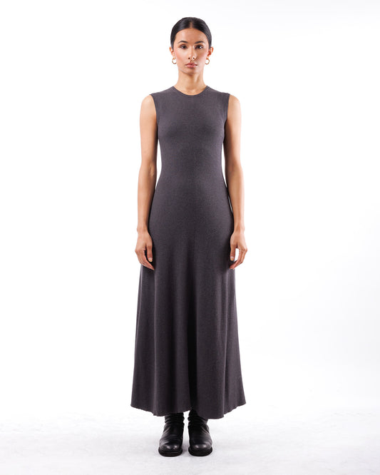 #919 Flared long crewneck dress organic cotton
