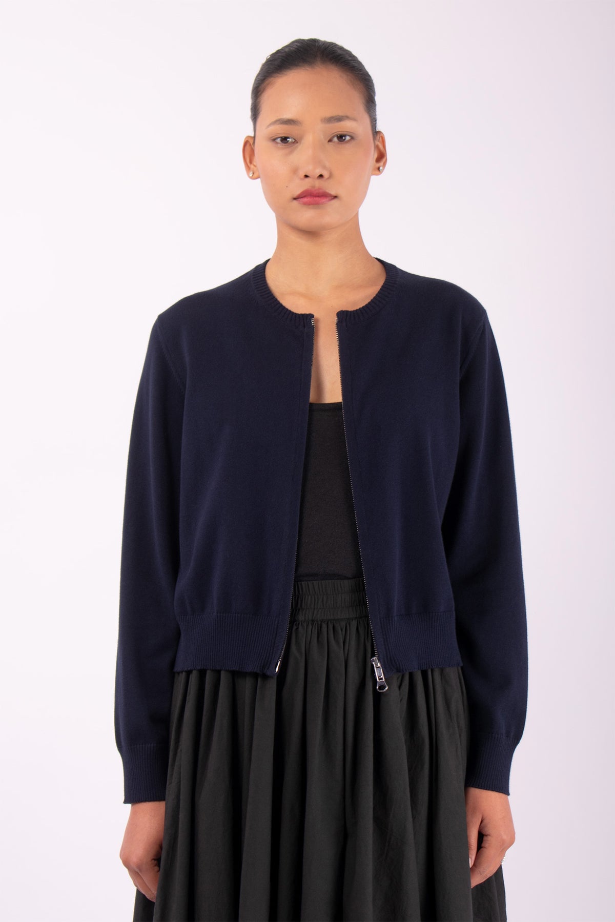 #1123 Cropped Zip Cardigan in Organic Cotton- Blue Carlo — Lars Andersson hand-loomed knitwear