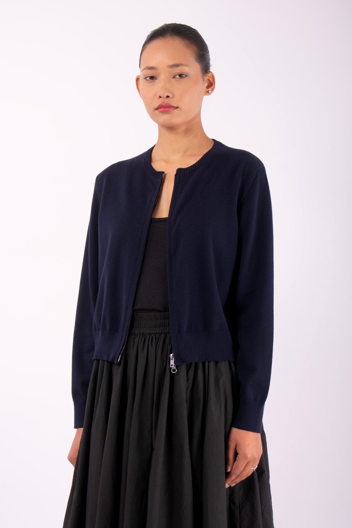 #1123 Cropped Zip Cardigan in Organic Cotton- Blue Carlo — Lars Andersson, view 2